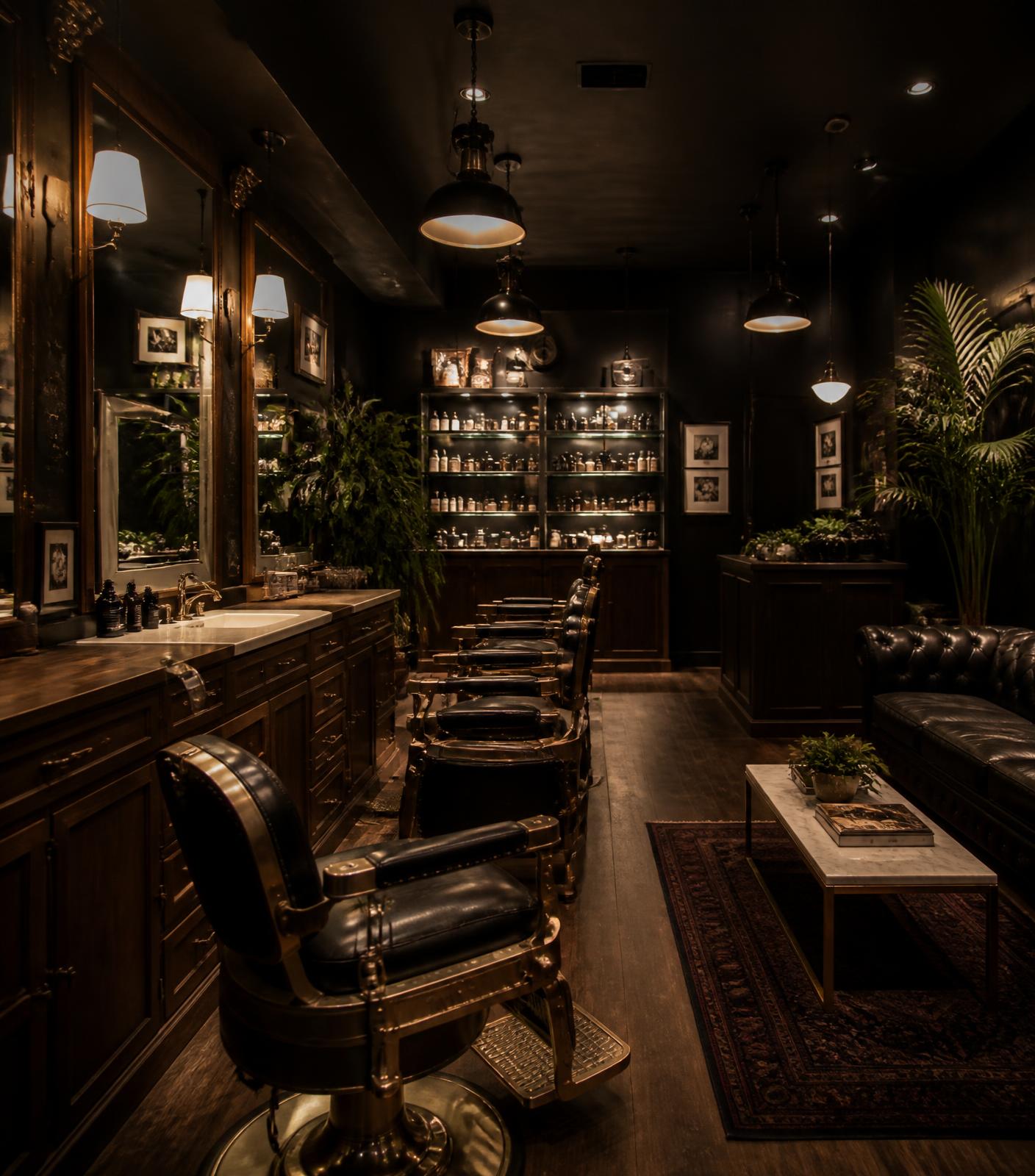 Interior sofisticado da barbearia com cadeiras de couro e iluminação quente